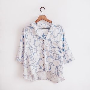 Billabong All Good Button Down Top Blue White Floral Oversized Large